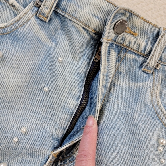 Velvet Heart Pearl Embellished Denim Skirt Distressed Frayed Hem Size 25 Boho - Picture 7 of 16